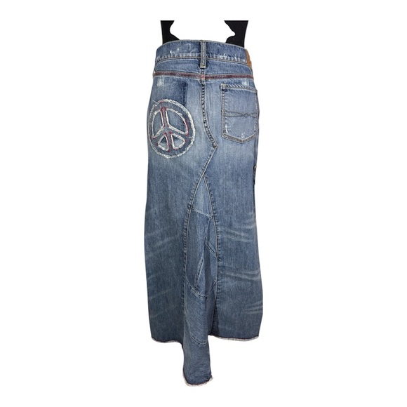 Lucky Brand Lucky Legend Patchwork Denim Maxi Skirt Peace Sign Boho Y2K Size 4 - Picture 7 of 7